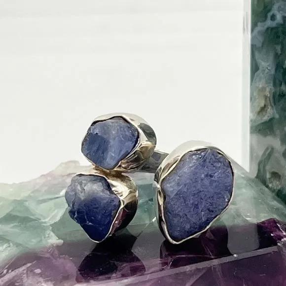 Sterling Silver Raw Amethyst Ring Chunky Triple Stone Size O Stamped 925 - Picture 6 of 12